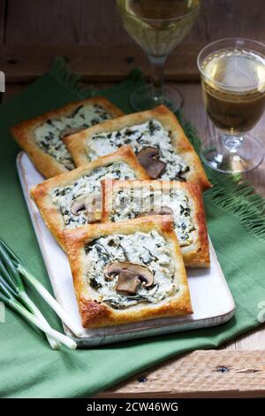 Choux au fromage, aux épinards et aux champignons, servis avec du vin et des oignons verts. Style rustique. Banque D'Images