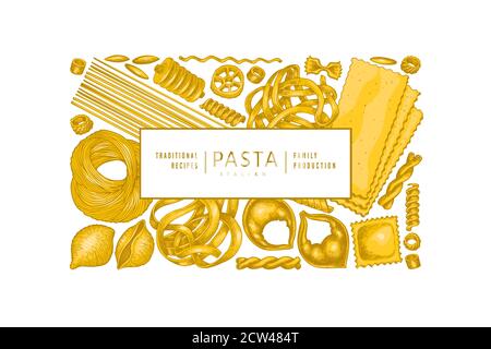 Modèle de pâtes italiennes. Illustration d'aliments vectoriels dessinés à la main. Pâtes millésime de différents types de fond. Illustration de Vecteur