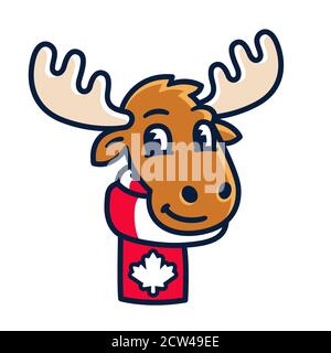 Drôle de dessin animé orignal avec foulard dans les couleurs du drapeau canadien. Symbole du Canada, illustration de clip art vectoriel Illustration de Vecteur