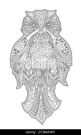 Belle page de livre de coloriage avec hibou décoratif sur fond blanc Illustration de Vecteur