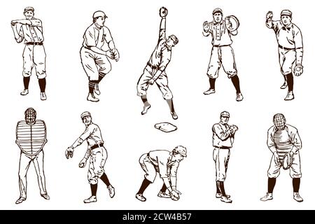 Ensemble de joueurs de baseball d'époque, d'après des illustrations anciennes du XIXe siècle Illustration de Vecteur