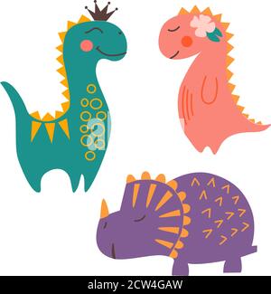 Image de dinosaures mignon, dessin animé sur un fond blanc dans des graphiques vectoriels, style plat. Pour la conception de cartes postales, d'affiches, de tirages pour enfants Illustration de Vecteur