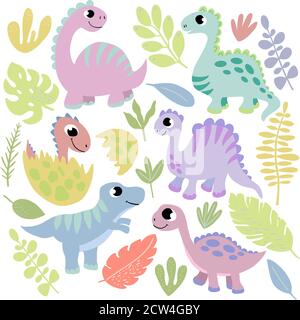 Ensemble vectoriel de clips avec dinosaures drôles, feuilles en style de dessin animé. Pour les invitations à la création, les cartes postales, les bannières, la décoration de salle, les imprimés pour Illustration de Vecteur