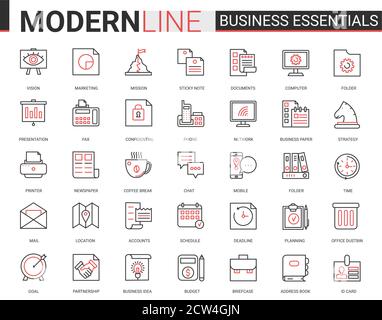 Jeu d'illustrations vectorielles d'icône de ligne noire rouge fine d'entreprise. Business Essential site web contour de la collection de pictogrammes avec objets de bureau, équipement et documents pour le développement financier Illustration de Vecteur