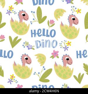 Motif sans couture sur fond blanc avec l'image de bébé dinosaures rose en coquille d'œuf et l'inscription -Hello dino. Pour la conception de l'emballage Illustration de Vecteur