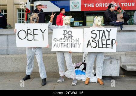 Les manifestants de la manifestation anti-verrouillage « nous ne consentons pas » affichent des pancartes s'opposant à l'autorité du gouvernement britannique. Londres, Royaume-Uni Banque D'Images