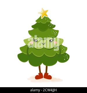 Arbre de Noël drôle dessiné à la main - personnage de kawaii pour Noël. Sapin dessiné à la main pour cartes de voeux de Noël, invitations. Convient aux t-shirts, tasses, sc Illustration de Vecteur