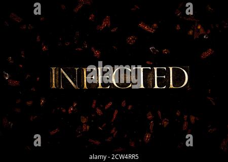 Texte infecté dans des lettres de cuivre flamboyantes sur fond noir avec particules flottantes rouge vif Banque D'Images