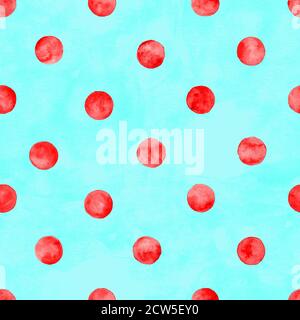 Motif aquarelle à pois sans coutures. Aquarelle abstraite cercles rouges sur fond vert. Texture en forme de rond dessinée à la main. Imprimés en matières textiles, Banque D'Images