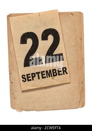 Page du calendrier. 22 septembre. Vieux papier isolé sur fond blanc Banque D'Images
