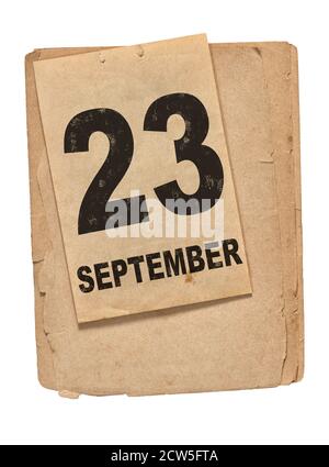 Page du calendrier. 23 septembre. Vieux papier isolé sur fond blanc Banque D'Images