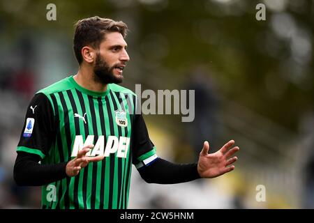Cesena, Italie - 27 septembre 2020 : Domenico Berardi des États-Unis Sassuolo gestes pendant la série UN match de football entre Spezia Calcio et US Sassuolo. LES ÉTATS-UNIS Sassuolo ont remporté 4-1 victoires sur Spezia Calcio. Credit: Nicolò Campo/Alay Live News Banque D'Images