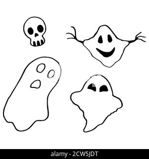 Icône Halloween fantômes sur fond blanc isolé. Symbole crâne pour invitation ou carte-cadeau, carnet, tuile de bain, album. Étui de téléphone ou tissu pr Illustration de Vecteur