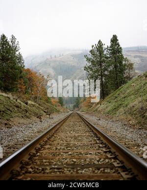 Les voies ferrées disparaissent dans les montagnes brumeuses de l'horizon Banque D'Images