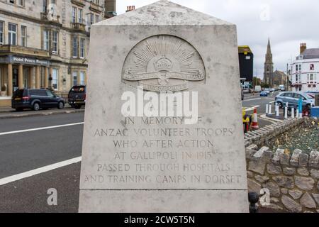 Le mémorial de guerre d'Anzac aux soldats volontaires qui ont combattu à Gallipoli, érigé sur l'Esplanade de Weymouth, au Royaume-Uni Banque D'Images