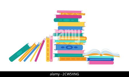 Pile de livres. Pile plate de livres en rangée, collection de la littérature. Bureau de dessin animé, étude d'intérieur d'école, bibliothèque d'université. Connaissance de Symbol intellectuelle. Illustration vectorielle sur fond blanc Illustration de Vecteur