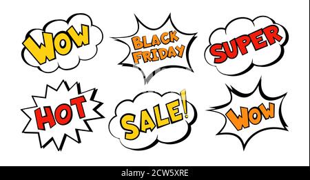 Jeu de modèles de vente de bulles de bande dessinée pour le discours du Vendredi fou. Réaction, effet sonore. Affiche rétro, explosion d'étiquette. Texte, boîte de dialogue affiche un point demi-ton. Ventes de publicité, promotion, remise de dessin animé Illustration de Vecteur