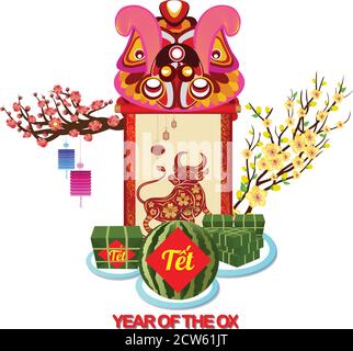 Gâteau au riz et fleur carré cuit, nouvel an vietnamien 2021. Année de l'Ox. Traduction Tet Lunar nouvelle année Illustration de Vecteur