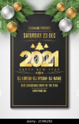 Circulaire pour la fête du nouvel an 2021. Sapin de Noël et boules de fête avec poussière de neige. DJ et club. Carte de vœux. Lettrage doré. Illustrateur de vecteur Illustration de Vecteur