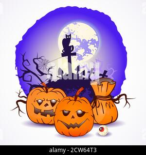 Illustration vectorielle d'Halloween avec têtes de citrouilles et sac sur le fond ciel nocturne de la pleine lune, des accrocs et des tombes avec des croix. Illustration de Vecteur