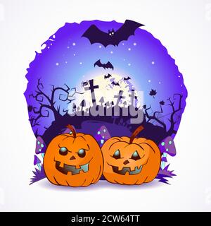 Illustration vectorielle d'Halloween avec têtes de citrouilles sur le fond du ciel nocturne de la pleine lune, des accrocs et des tombes avec des croix. Illustration de Vecteur