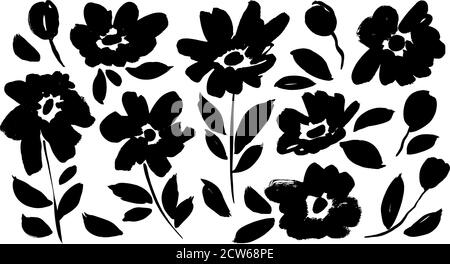 Ensemble de silhouettes vectorielles à fleurs printanières dessinées à la main. Illustration de Vecteur