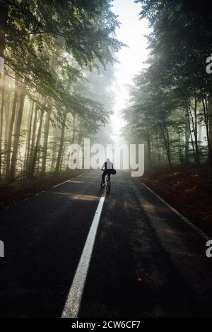 homme méconnaissable à vélo au lever du soleil le long d'une route asphaltée vide menant à travers la belle forêt ensoleillée. Banque D'Images