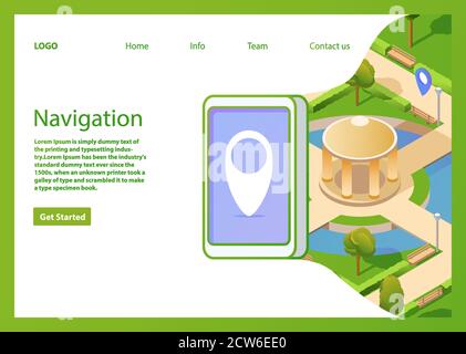 Téléphone intelligent GPS mobile à carte isométrique. Navigateur de parc public d'été de couleur bleue. Illustration de Vecteur