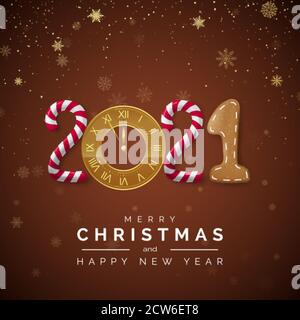 Nouvelle année 2021. Carte de vœux avec 2021 lettres. Candy and Golden Clock, branche arbre du nouvel an et pain d'épice de Noël. Vecteur Illustration de Vecteur