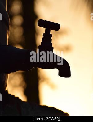 Vertical / portrait-orienté Silhouette de l'ancien robinet en métal vintage seul dans l'extérieur naturel environnement sec pendant l'heure d'or, pénurie d'eau, sécheresse Banque D'Images