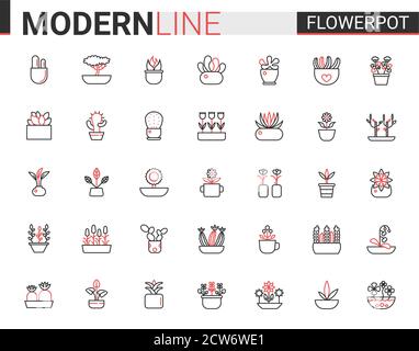 Pots de fleurs pour la maison jardin plat rouge ligne noire icône vecteur jeu d'illustration. Pots de fleurs contour pictogramme jardinage décoration symboles, collection de décoration linéaire fleuriste avec plantes en pot ou arbre Illustration de Vecteur