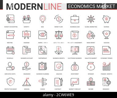 Jeu d'illustrations vectorielles d'icônes de la bourse économique. Symboles d'analyse économique linéaire mince rouge noir du marketing financier, de l'analyse et de la recherche de comptes bancaires, de la technologie des données bancaires Illustration de Vecteur