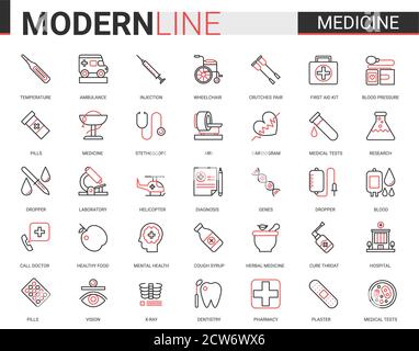Jeu d'illustrations vectorielles de l'icône de la ligne fine de Medicine Healthcare. Collection de conception linéaire fine noire rouge, symboles médicaux pour applications mobiles avec équipement de laboratoire de recherche en milieu hospitalier, traitement médical Illustration de Vecteur