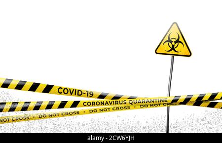 Disposition de la zone de quarantaine de l'épidémie de coronavirus covid-19. Rubans d'avertissement de quarantaine pour coronavirus et panneau de danger biologique. Pandémie de covid 19. Épidémie b Illustration de Vecteur