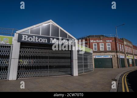 Entrée au marché fermé et fermé de Bolton dans Bolton Lancashire Juillet 2020 Banque D'Images