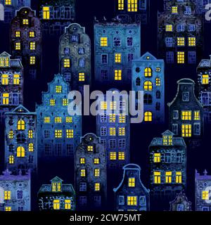 Maisons de la vieille europe. Décor sans couture des maisons de style européen d'amsterdam aquarelle avec lumière dans les fenêtres. Aquarelle ville de nuit dessinée à la main b Banque D'Images