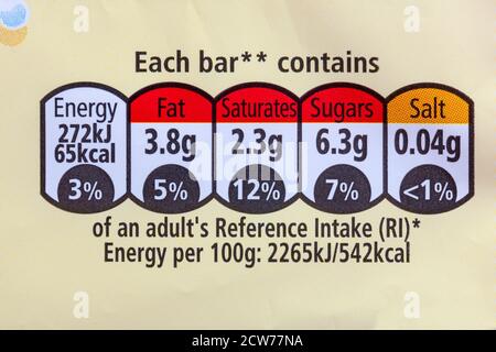 informations nutritionnelles système de signalisation routière avec système à code couleur Sur paquet de barres de chocolat Nestle Milkybar Banque D'Images