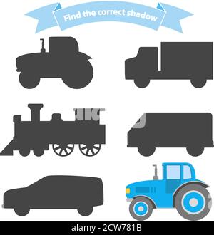 Trouver le transport de l'ombre correct.jeu éducatif pour les enfants voiture, locomotive à vapeur, camion, tracteur, van. Illustration de Vecteur