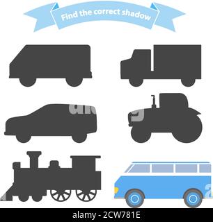 Trouver le transport de l'ombre correct.jeu éducatif pour les enfants voiture, locomotive à vapeur, camion, tracteur, van. Illustration de Vecteur