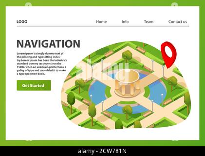 Navigation GPS mobile par carte isométrique. Navigateur public d'été de couleur rouge. Illustration de Vecteur