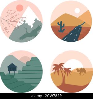 Quatre autocollants avec différents paysages et couleurs Illustration de Vecteur