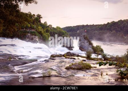 La plus grande cascade d'Europe à la lumière du coucher du soleil. Chutes du Rhin. Rochers sur le fleuve avec une magnifique cascade immense sur le Rhin. Neuhausen par Schaffhausen Banque D'Images