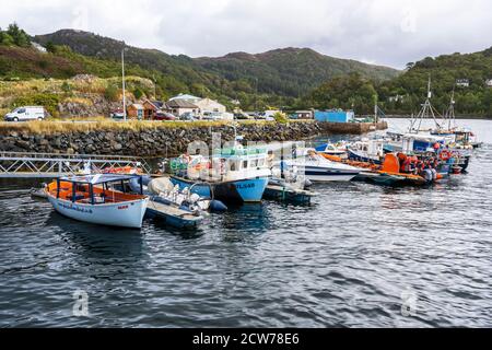 Bateaux de pêche et bateaux touristiques amarrés au port de Charlestown sur le Loch Gairloch, Wester Ross, région des Highlands, Écosse, Royaume-Uni Banque D'Images