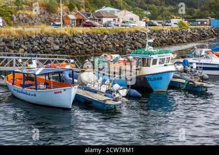 Bateaux de pêche et bateaux touristiques amarrés au port de Charlestown sur le Loch Gairloch, Wester Ross, région des Highlands, Écosse, Royaume-Uni Banque D'Images