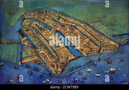 Vue panoramique sur Amsterdam 1538 est un tableau de Cornelis Anthonisz. Dans le musée d'Amsterdam. C'est la plus ancienne carte conservée montrant tout Amsterdam pays-Bas, néerlandais, Banque D'Images