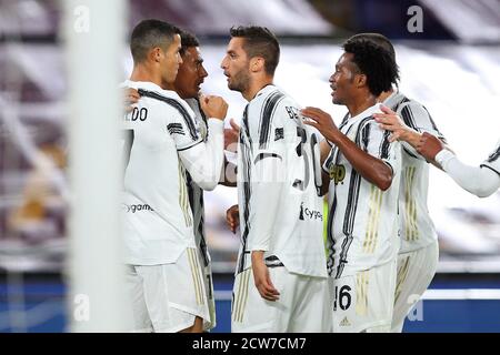 Cristiano Ronaldo de Juventus célèbre après avoir obtenu 2-2 buts pendant Le championnat italien Serie UN match de football entre AS Roma Et Juventus FC Banque D'Images