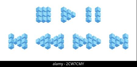 Boutons d'interface multimédia des cubes 3D, boutons volumétriques des carrés bleus. Bouton avant, arrière, retour, suivant, précédent, droit, gauche pendant Illustration de Vecteur