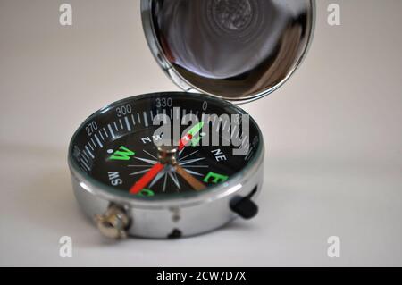 Compas métallique avec des couleurs montrant des points cardinaux noirs arrière-plan blanc avec mise au point sélective Banque D'Images