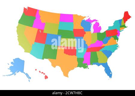 Carte colorée des Etats-Unis isolée sur fond blanc, rendu 3D Banque D'Images