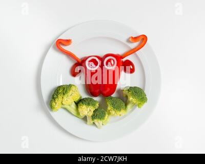 Assiette amusante avec le symbole de 2021 vache à taureau faite de légumes : poivron, brocoli, tomate et oignon. Petit déjeuner pour les enfants. Végétalien ou végétarien Banque D'Images